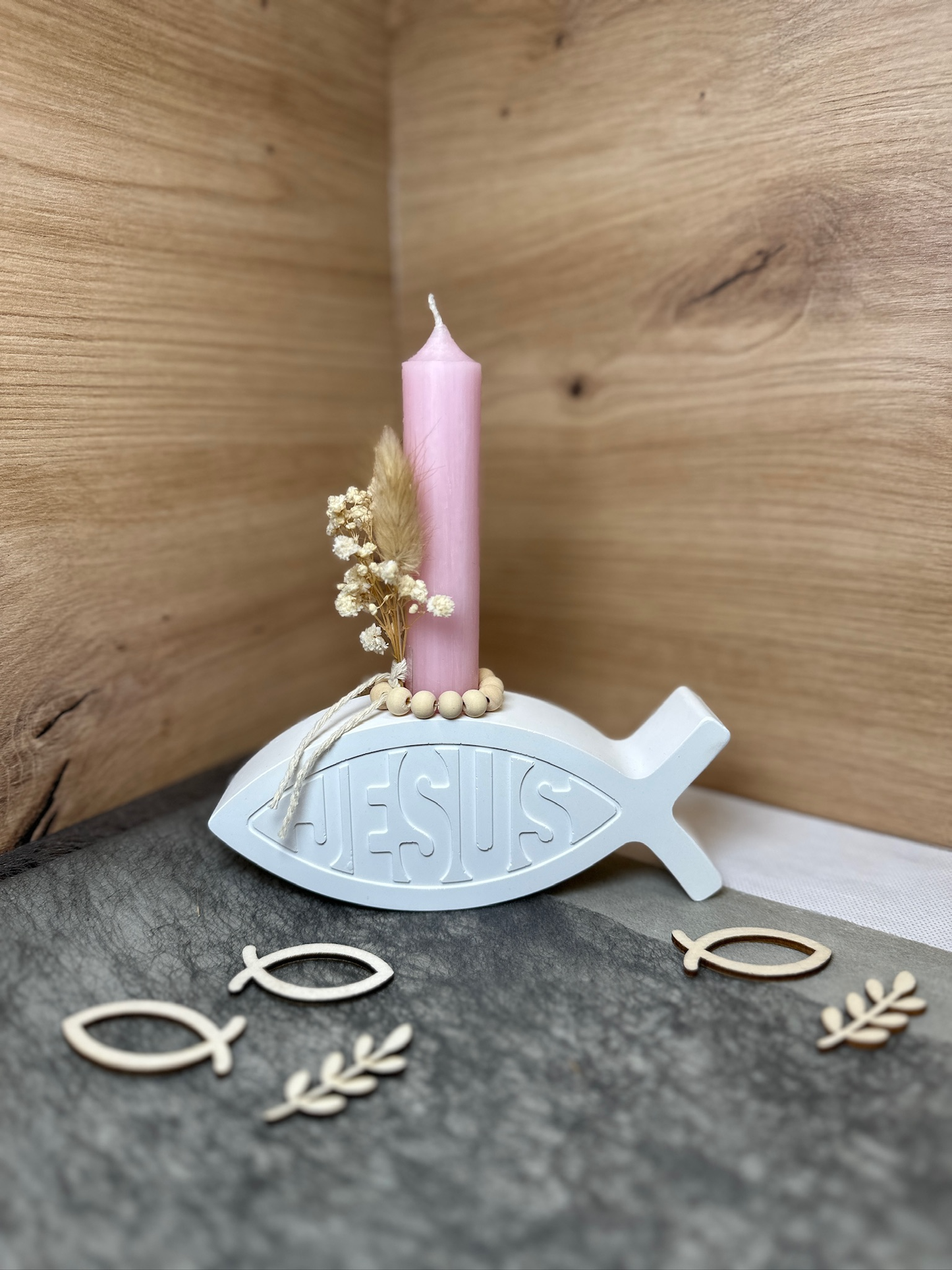✨ Symbolische Kerzendeko „JESUS-Fisch“ ✨ mit optionalem Dekoset